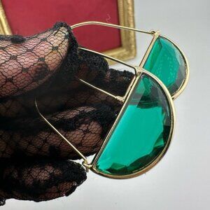 Anthropologie Crescent Elegant Gold Green Hoop Earrings